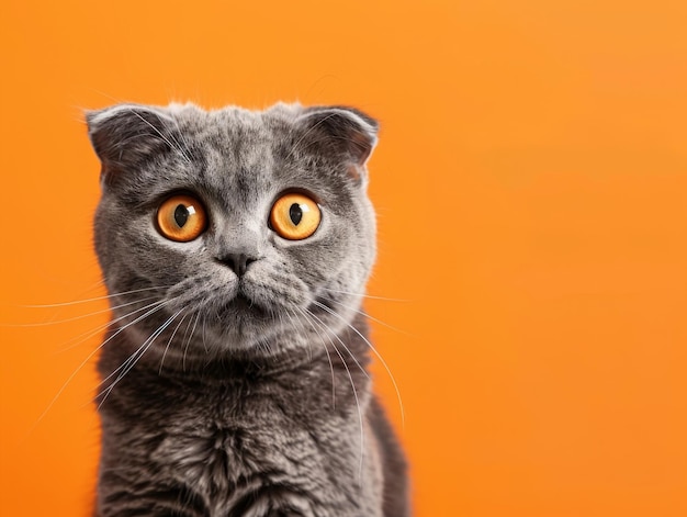 Surprised british shorthair cat on orange background with comical expression and ample copy space