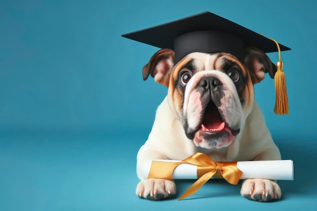 Surprised Bulldog wear graduation hat and hold diploma on a blue background ai generative