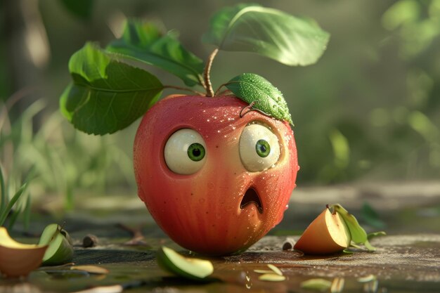 Photo surprised cartoon apple with expressive face