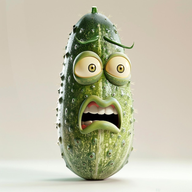 A surprised cartoon cucumber with expressive eyes and mouth