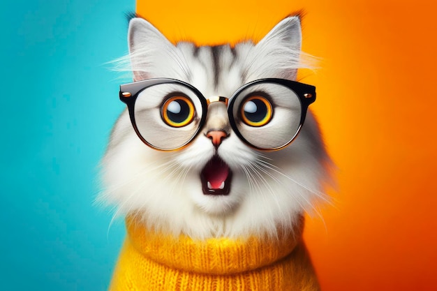 Surprised Cat with bulging big eyes wear glasses on bright color background ai generative