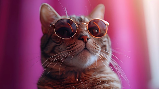 A Surprised Cat With Sunglasses On Its Head Looking At The Free Space On A Violet Background