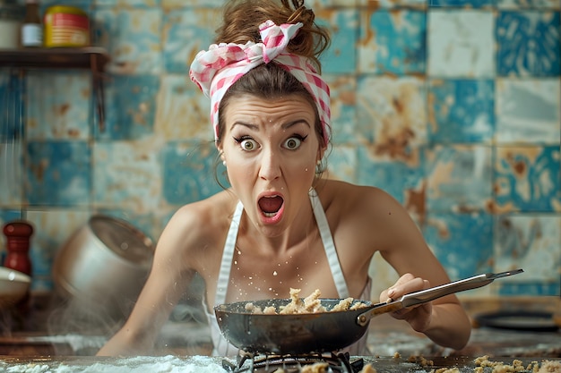 Surprised Chef in a Chaotic Kitchen Scene