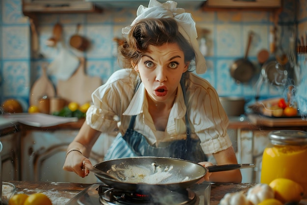 Photo a surprised chef in a cozy kitchen setting