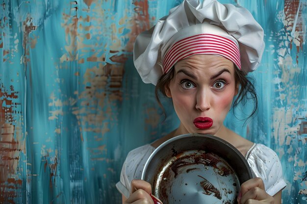 Photo surprised chef with a messy pan a comedic culinary moment