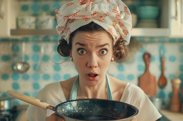 Photo surprised cook in a colorful kitchen holding a pan