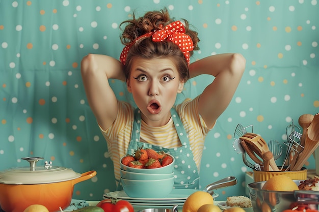 Surprised Cook in a Colorful Kitchen Surrounded by Fresh Ingredients