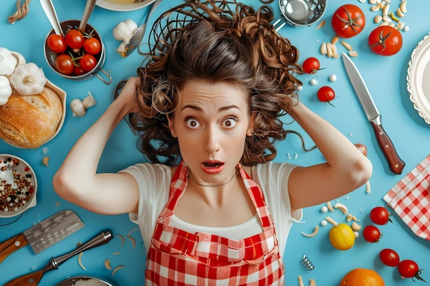 Surprised Cook Surrounded by Ingredients in a Colorful Kitchen Chaos