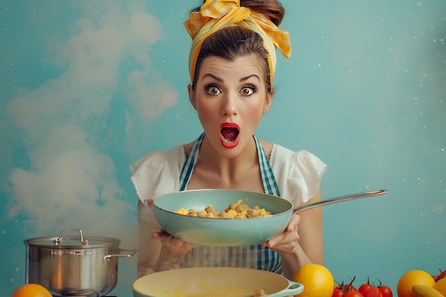 Surprised Cook with a Bowl of Delicious Pasta Surrounded by Fresh Ingredients