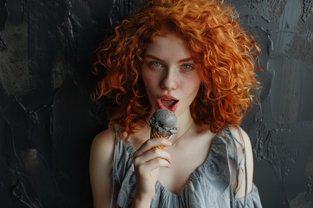 Photo surprised curly haired young woman licks ice cream eats eats appetizing summer dessert