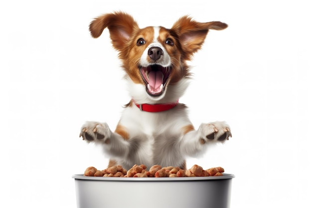 surprised dog with a bowl full of food isolated on white