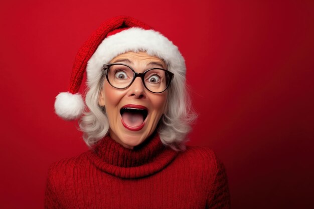 Surprised elderly woman in Santa hat wearing glasses Christmas festive background