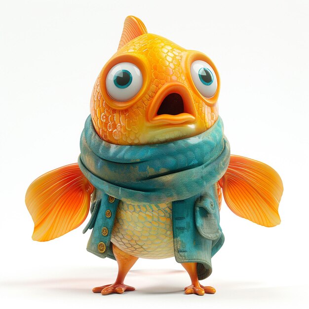 Photo a surprised fish character wearing a scarf and jacket stands against a plain background