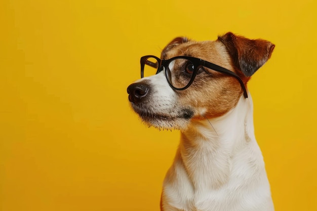 Surprised funny dog in glasses on solid yellow background looking to side at copy space