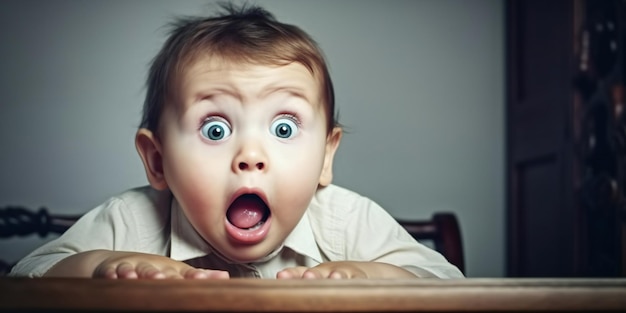 Surprised kid sitting at table Child's eyes widened