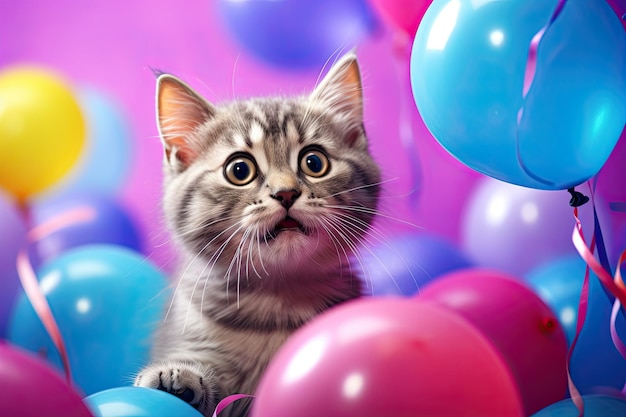 surprised little cat on solid bright background with colorful balloons Happy Birthday concept