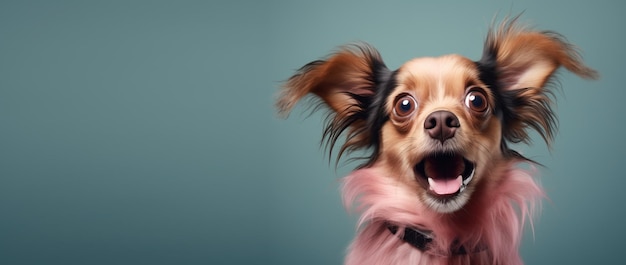 Surprised LongHaired Dog with Ears Up on Teal Background