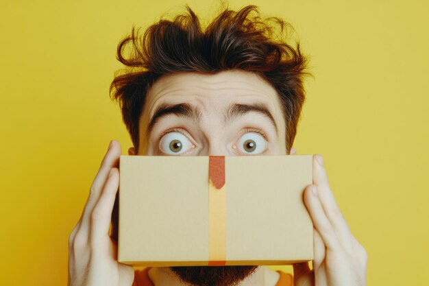 Surprised Man Holding Gift Box Against Yellow Background