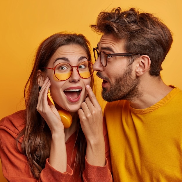 Surprised man listens with open mouth as woman whispers in his ear both in casual attire against ye