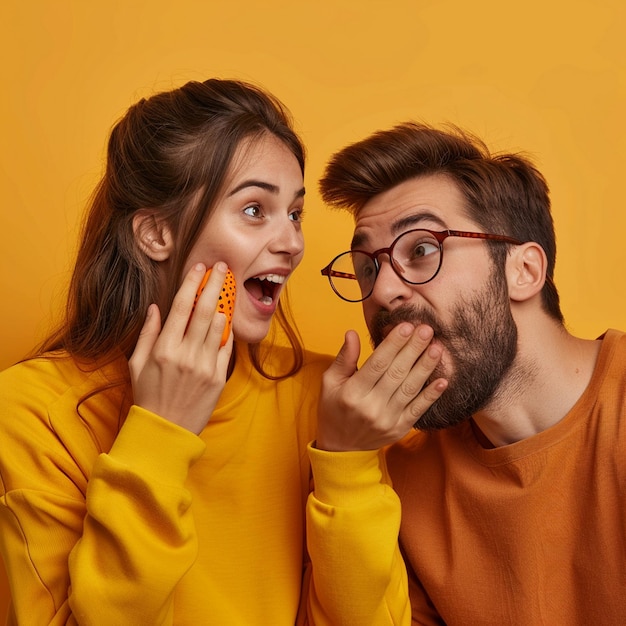 Photo surprised man listens with open mouth as woman whispers in his ear both in casual attire against ye