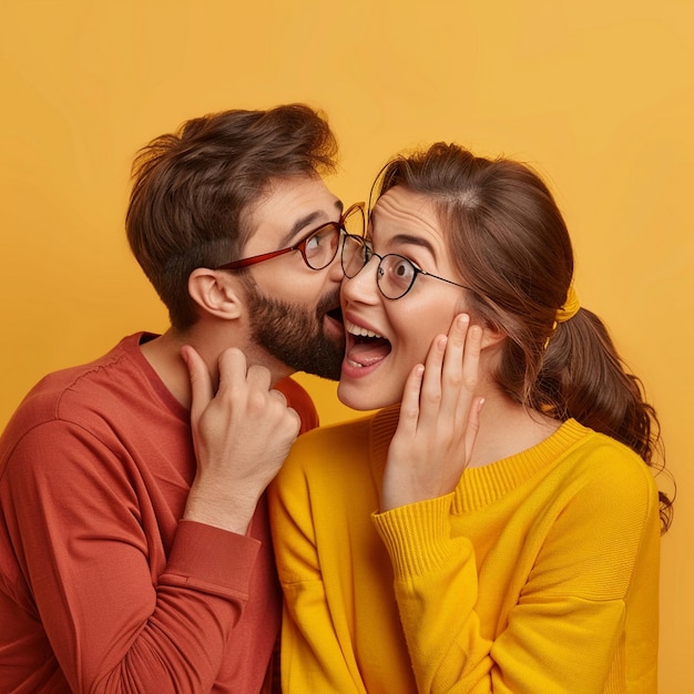 Photo surprised man listens with open mouth as woman whispers in his ear both in casual attire against ye