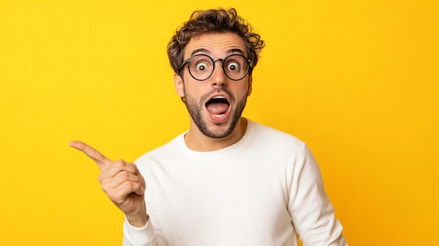 Photo surprised man pointing at something on yellow background