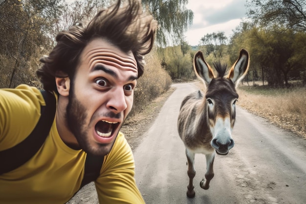 Surprised man selfie with donkey Generate Ai