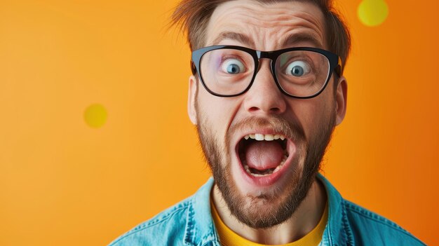 Photo surprised man with glasses on orange background