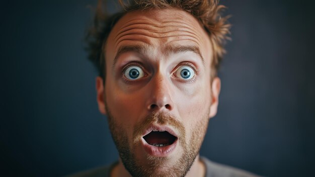 Photo a surprised man with wide eyes and messy hair expresses shock in a relaxed indoor setting during daylight