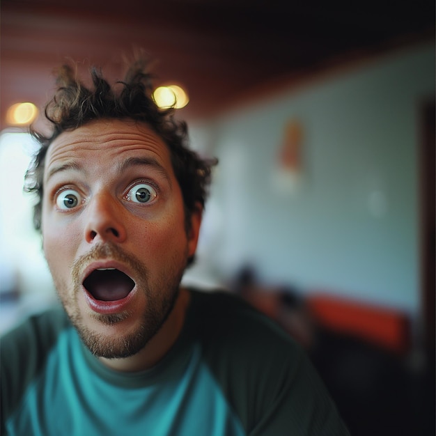 Photo surprised man with wideeyed expression in casual setting