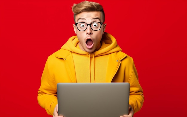 Surprised Man in Yellow Clothes Holding Laptop Isolated