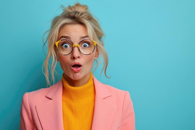 Photo surprised mature businesswoman in pink blazer balancing career goals and personal wellbeing