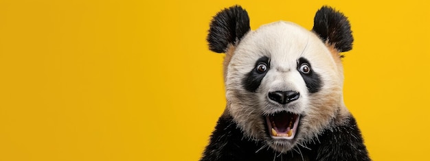 Surprised Panda Bear on Vibrant Yellow Background Funny Animal Portrait for Conservation Wildlife and Entertainment