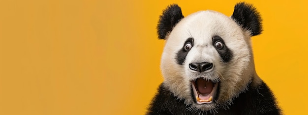 Surprised Panda Bear on Yellow Background Funny Animal Portrait