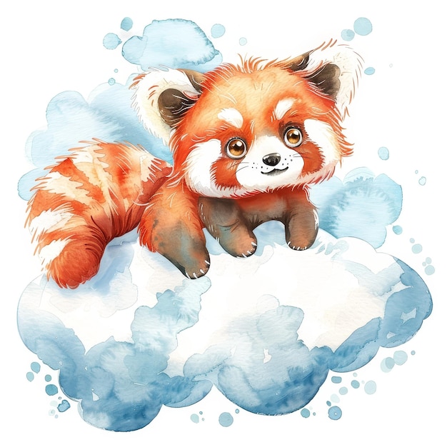 Surprised Red Panda in Whimsical Watercolor on Cloud