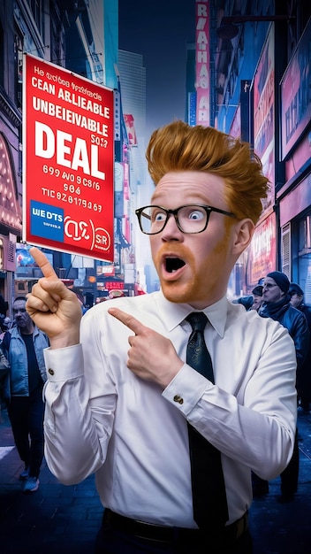 Photo surprised redhead man in glasses checking out promo pointing and looking left with amazed face stan