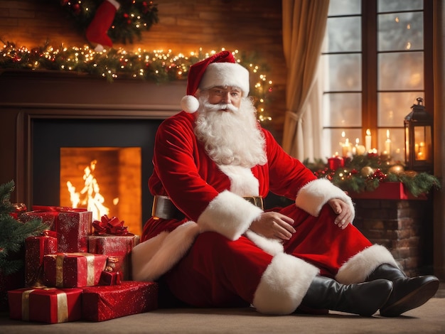 Surprised Santa Claus in a beautiful room next to the fireplace and Christmas tree