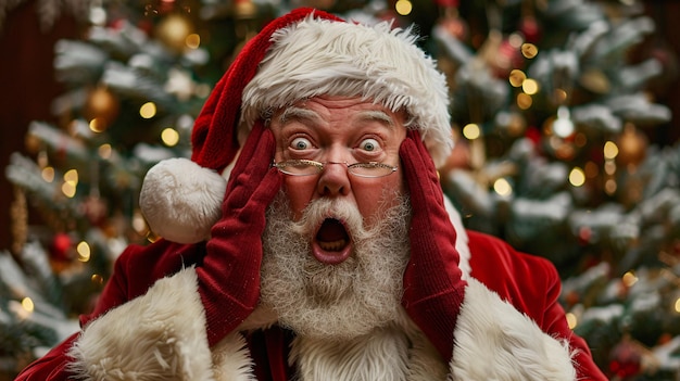 Surprised santa claus with christmas tree background