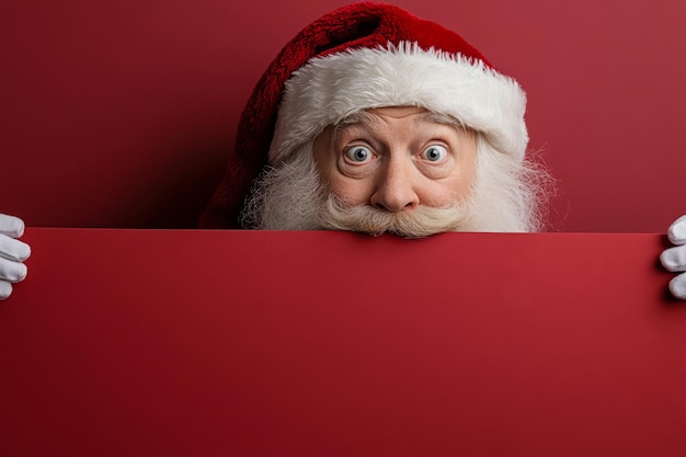 Photo surprised santa claus with wide eyes peeks over a blank red sign