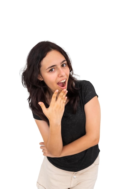 Surprised and shocked girl isolated on white Emotional pretty brunette