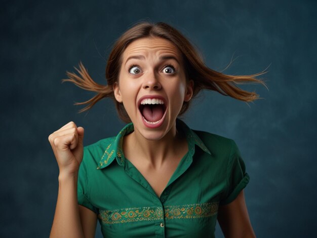 Photo surprised woman in colorful shirt and green bandana with excited expressions against blue background