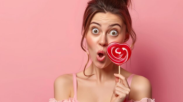 Photo surprised woman holding a red heartshaped lollipop