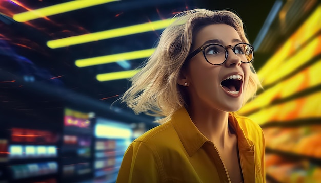 Surprised woman in the store concept for Black Friday