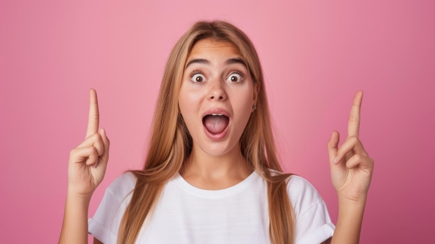 A surprised woman in a white shirt points upwards with both hands her mouth open in a joyful expression against a pink background