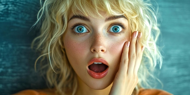 Photo a surprised woman with curly blonde hair expresses shock her blue eyes widen capturing a moment of awe this captivating portrait highlights emotion and beauty in a unique style ai