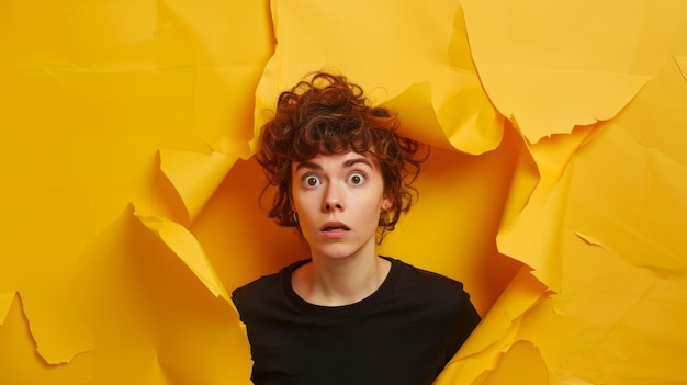 Photo a surprised woman with curly hair peeks through a torn yellow paper background her expression one of amazement and curiosity