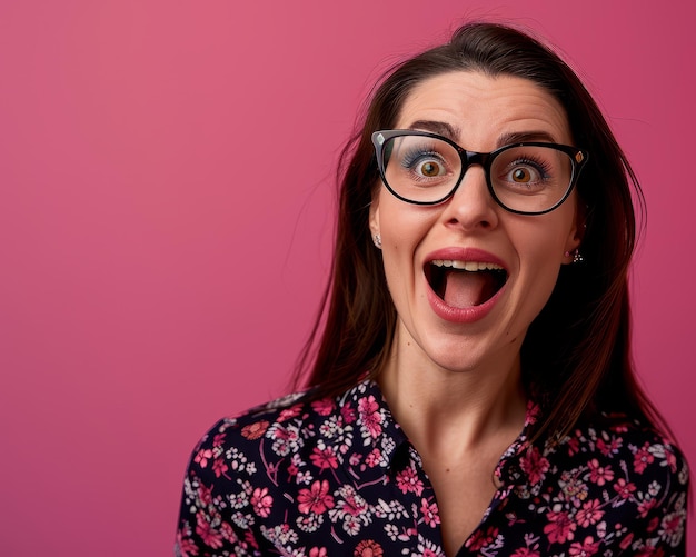 Surprised woman with glasses on pink background