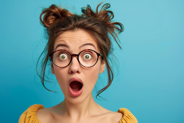 Photo a surprised woman with her jaw dropped and wide eyes on a blue background