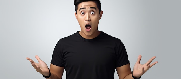 A surprised young Asian man in a black T shirt holding a blank space poses on a white background