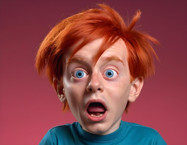 Photo a surprised young boy with red hair and wide eyes expressing shock fear disbelief